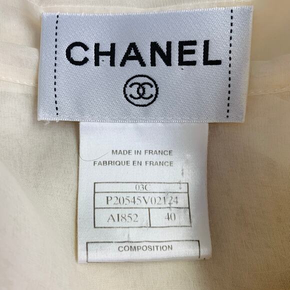CHANEL Vintage 2003 Cruise 8 Cream Black Silk Sheer Pleated Short Sleeve Blouse - Picture 6 of 9